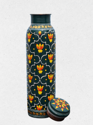 Hand-Painted Copper Bottle – Dark Green Floral Design
