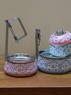 Hand-Painted Steel Tiffin Box – Floral Design (3 Tier)